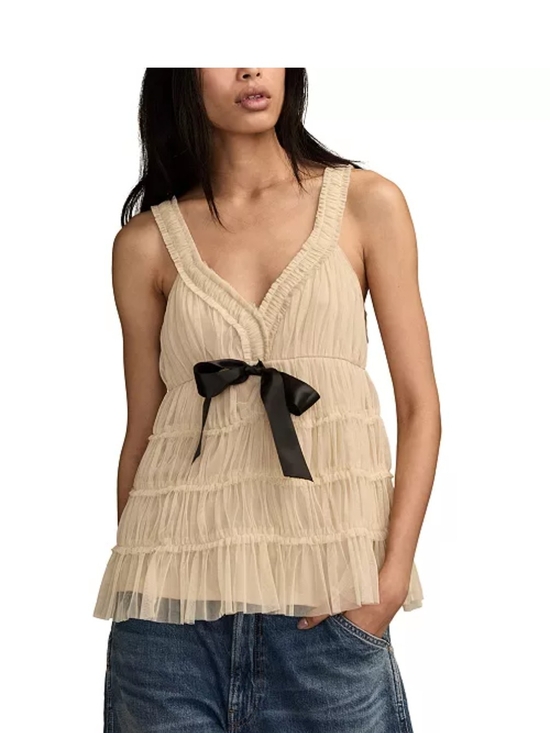 Lucky Brand Tops - Lucky Brand Beige Ruffled V-Neck Camisole with Black Bow